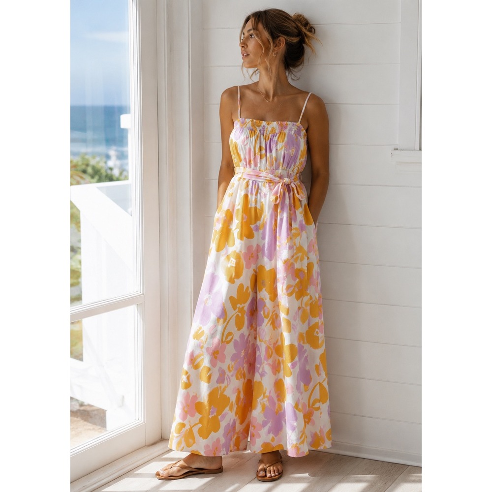 Talulah Floral Wide Leg Jumpsuit Women M Smocked Aritzia coastal beach resort